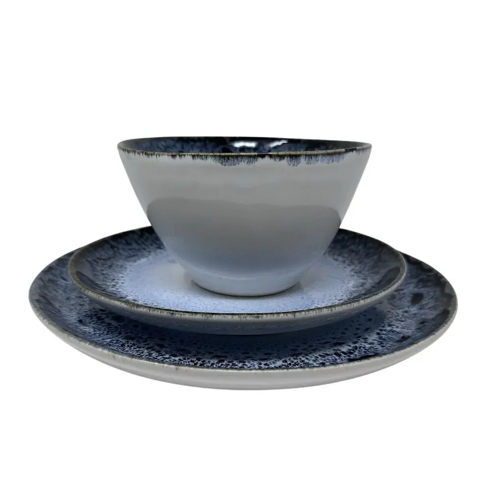 West Elm Reactive Glaze 3 pc. Place Setting Blue, Black, White Brown